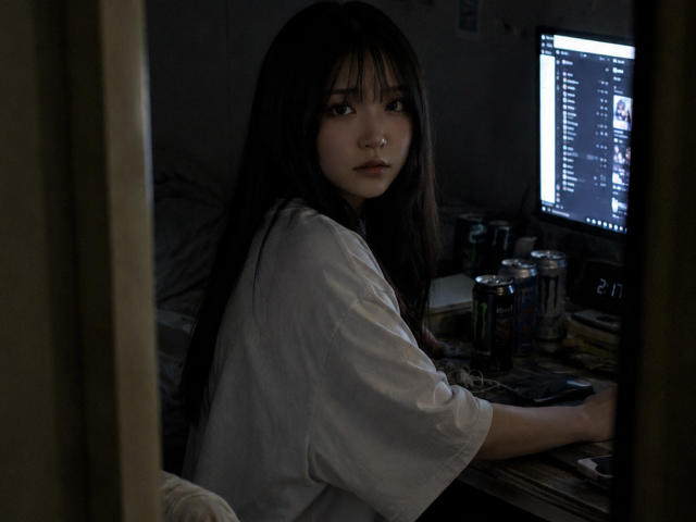 Annetta Hatchcock, avec ses longs cheveux noirs, portant une chemise blanche, est assise à un bureau sombre et encombré, et regarde en arrière avec une expression sérieuse, dans une pièce faiblement éclairée..