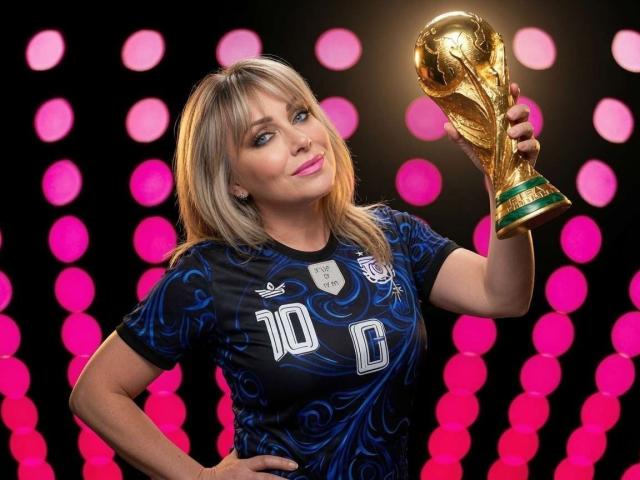 CandyLadyZ met blond haar, blauwe ogen en roze lippenstift, die een gouden FIFA Wereldbeker trofee vasthoudt, gekleed in een blauw en zwart voetbalshirt met het cijfer "10" erop..