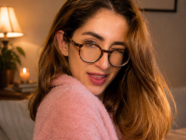 Rousse, avec ses cheveux bruns ondulés, ses lunettes à monture écaille de tortue et son pull rose duveteux, sourit doucement. On aperçoit la forme de sa poitrine sous le pull. Lumière intérieure chaleureuse, bougie en arrière-plan..