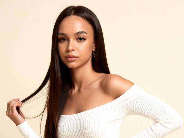 Tawnya Kaczmarski, con cabello largo y castaño oscuro, vestida con una blusa blanca de punto con un hombro descubierto, sosteniendo su cabello, ojos marrones, piel de color marrón claro, pequeños aretes, expresión neutra..