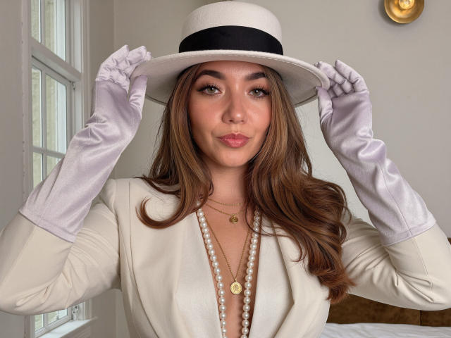 Sofie White, met lang bruin haar, draagt een witte hoed, een zwarte band, witte handschoenen en een crèmekleurig topje met een diepe V-hals. Ze houdt de hoed vast, draagt een parelketting en een gouden hanger..