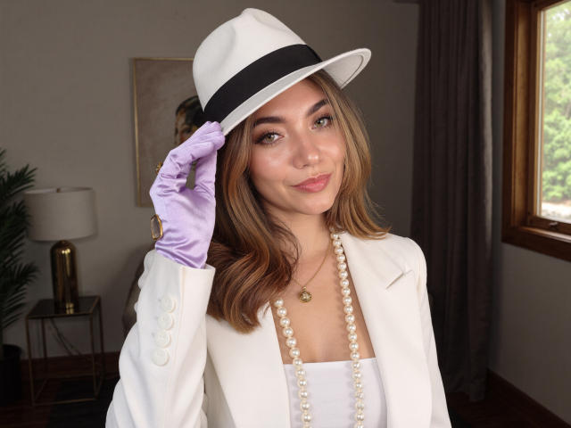 Sofie White, met bruin haar, een witte hoed, een zwarte band, paarse handschoenen, een witte blazer, een parelketting en een kettinghanger, lachend, met haar borsten zichtbaar, in een goed verlichte kamer met een raam..