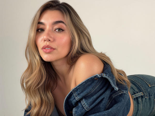 Sofie White, avec ses longs cheveux blonds, ses lèvres pulpeuses et son allure séduisante, porte une veste en jean que ses épaules, laissant entrevoir sa poitrine, et un jean vert moulant..