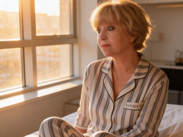 AnjelElinor mit blonden, kurzen Haaren, die gestreifte Pyjamas trägt, sitzt auf einem Bett, Sonnenlicht scheint durch das Fenster, sie schaut zur Seite, Namensschild auf der Brust, weiches Licht, ruhiger Gesichtsausdruck..