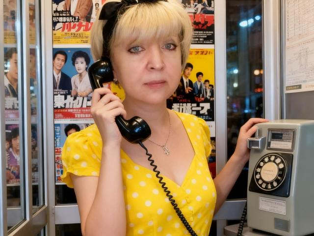 AnjelElinor with blonde bob, yellow polka dot shirt, holding black corded phone, wearing black headband, standing in front of wall with Japanese magazines, near payphone.