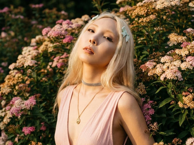JanettaKnop, con i capelli biondi, un vestito rosa e delle mollette verdi per i capelli, in piedi di fronte a fiori rosa e bianchi, indossa una collana e una catenina dorata, guarda in alto con un'espressione accigliata..