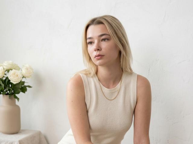 Adriene Degennaro, com cabelo loiro, vestindo uma blusa bege de malha sem mangas e um colar dourado, sentada, olhando para fora da câmera, com rosas brancas em um vaso bege à esquerda..