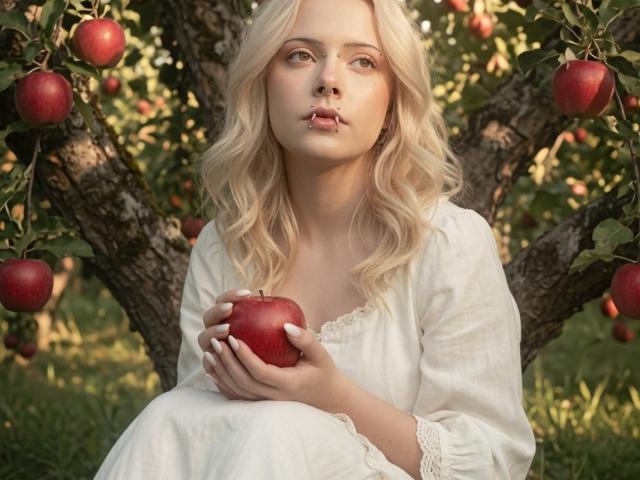 NovellaZellmer, con i capelli biondi e ondulati, tiene in mano una mela rossa, indossa un vestito bianco, è seduta sotto un albero di mele con altre mele sullo sfondo e ha un'espressione accigliata..