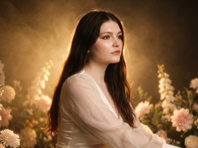 Elenore Harajly tiene el pelo largo y castaño, piel pálida y una expresión seria, y lleva una blusa blanca transparente, rodeada de flores suaves y brillantes. Sus pechos son discretos, y su trasero no se ve..
