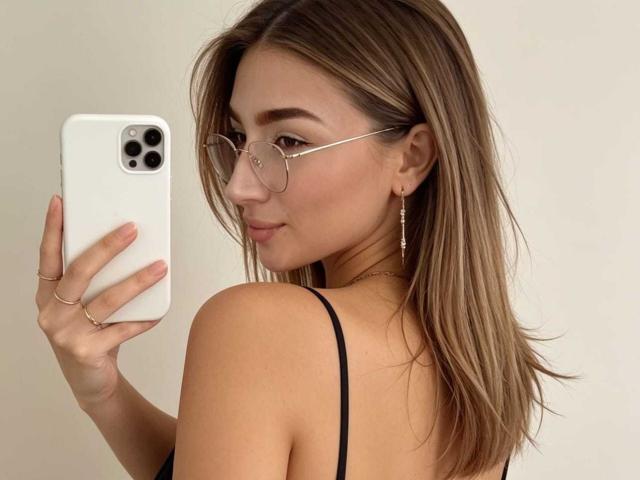 Abby, uma mulher de cabelo castanho, usando óculos e uma blusa preta de alças finas, segurando um iPhone branco, mostrando suas costas e olhando por cima do ombro, sorrindo. Sua nádega está visível..
