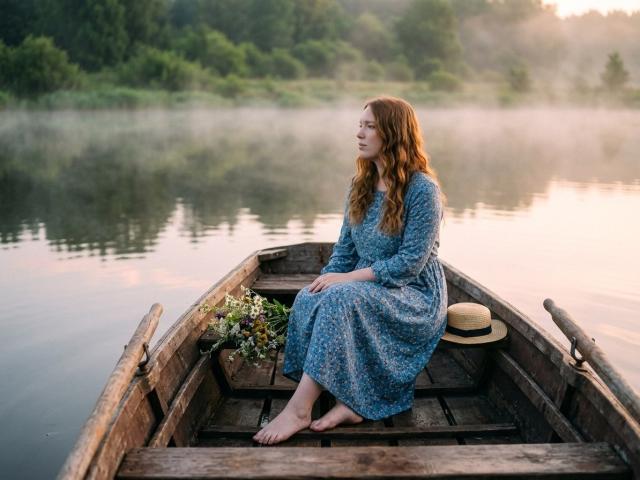 ScarletSecrete con capelli rossi, vestito floreale blu, piedi nudi, seduta in una barca di legno, mani sulle ginocchia, cappello sul sedile, acqua nebbiosa, composizione floreale, calma mattinata, atmosfera pacifica..