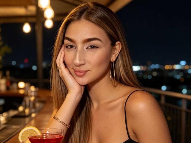 Abby, uma mulher com longos cabelos castanhos, sorrindo, com a mão no rosto, usando brincos, blusa preta com alças, segurando uma bebida vermelha com limão, em um ambiente noturno, com luzes da cidade ao fundo, sexy, atraente, fofa..