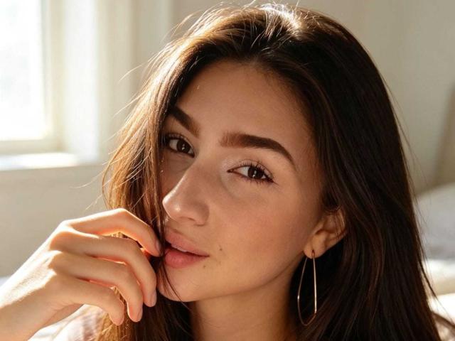 AbbyMilers tiene el pelo largo y castaño, ojos marrones y usa aros grandes. Está tocándose los labios con una mano, mirando ligeramente hacia un lado con una sonrisa suave..