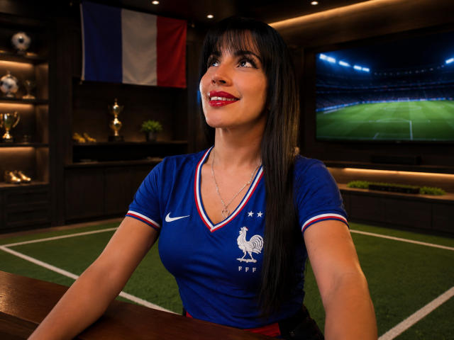 Liliysweet with dark hair, red lipstick, and blue soccer jersey, showing her tits, smiling, sitting at a bar, French flag in background, soccer field on TV.