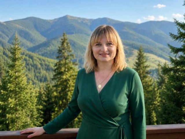 KiraSmiling has blonde hair, green dress, small tits, and a gold necklace, smiling, standing with one arm on a wooden railing, mountains and trees in the background.