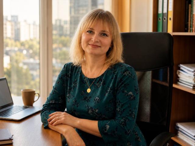 Kira, souriante, blonde, poitrine moyenne, robe fleurie verte, souriante, chaise de bureau, bureau en bois, ordinateur portable, tasse de café, collier en or, bibliothèque, vue sur la ville à travers la fenêtre, lumière du soleil, détendue..