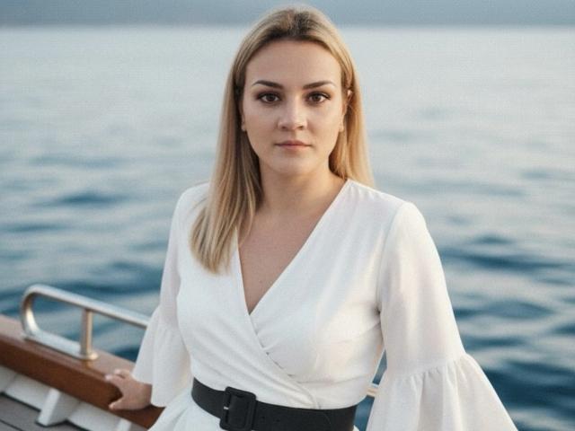 SarahFontain tem cabelo loiro, uma blusa branca com mangas bufantes e um cinto preto, e está em um barco com um fundo de água calma, com uma expressão séria..