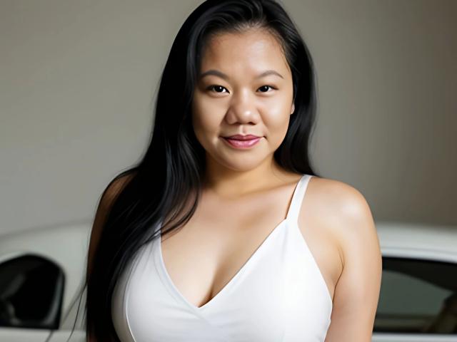 Nicole, uma mulher atraente com longos cabelos pretos, vestindo uma camiseta branca que revela seus seios, sorrindo levemente, em pé em frente a um carro branco, olhando diretamente para a câmera..