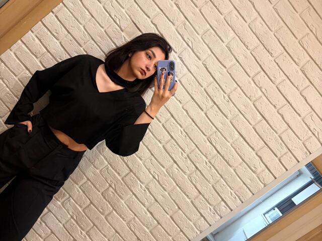 HeikeCarchi with medium tits, black top, black pants, and a choker, taking a mirror selfie, holding a blue phone, standing against a white brick wall.