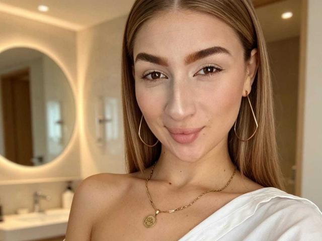 Abby, com cabelos castanho-claros, olhos castanhos e um sorriso discreto, usando um colar de ouro e brincos de argola, tem um rosto fofo e levemente arrebitado, e seios pequenos e firmes..