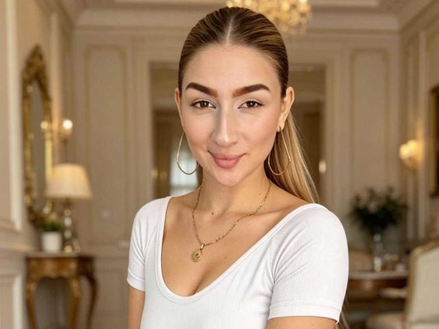 Abby: Uma mulher com um rabo de cavalo loiro comprido, camiseta branca, um colar de ouro pequeno, um sorriso discreto, brincos de argola e um rosto bonito. Ela tem uma aparência sexy, atraente e charmosa..