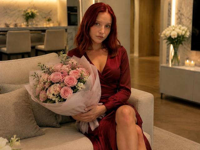 JuliannaMoor with red hair, wearing a red satin dress, holding a pink rose bouquet, sitting on a beige couch, legs crossed, in a warmly lit room.