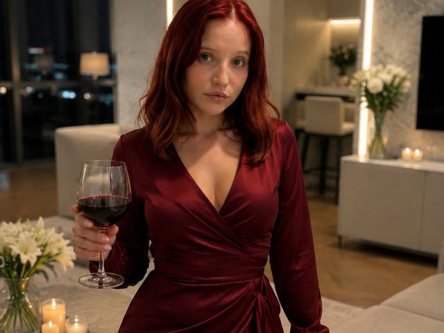 JuliannaMoor with red hair, wearing a deep red satin dress, holding a glass of red wine, showing her tits, in a dimly lit modern living room.