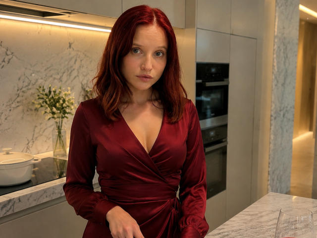 JuliannaMoor with red hair, wearing a deep red satin dress, showing her small tits, standing in a modern kitchen, looking serious. Her hand rests on a marble countertop.