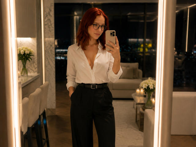 JuliannaMoor with red hair, glasses, white button-down, black pants, holding phone, standing, mirror selfie, hands in pockets, city night view, soft lighting, subtle smile, medium tits.
