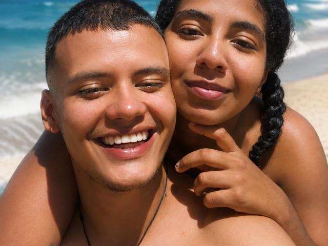 ElaAndNox mit kurzen, schwarzen Haaren und ElaAndNox mit geflochtenen, schwarzen Haaren, beide lächelnd, oben ohne, der Arm von ElaAndNox um den Hals von ElaAndNox, an einem sonnigen Strand..