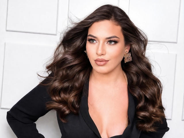 Rachel Wilson hat welliges, braunes Haar und trägt ein schwarzes Oberteil mit tiefem V-Ausschnitt, das etwas Dekolleté zeigt. Sie trägt aufwendige Ohrringe und hat ein dezentes Make-up..