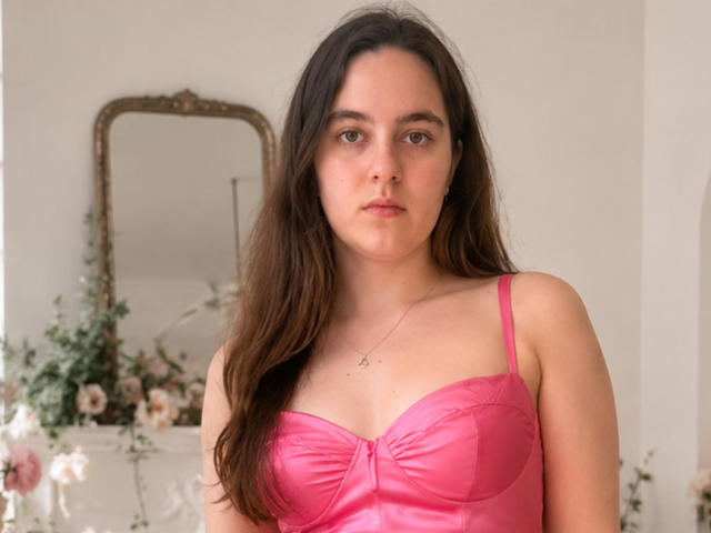 Cheryll Blurton, con lunghi capelli castani, indossa un reggiseno di seta rosa, mostrando il seno, ed è in piedi in una stanza con uno specchio e fiori sullo sfondo..