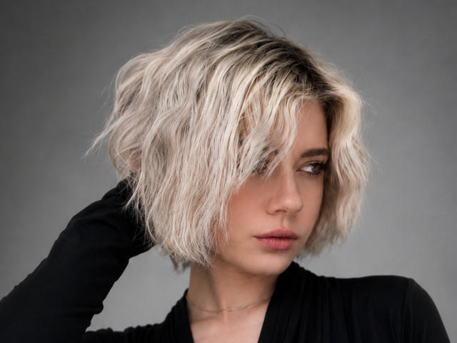 KiraQ met een rommelig blond kapsel, draagt een zwarte top, haar hand in haar haar, kijkt opzij, serieuze uitdrukking, bleke huid, subtiele make-up, grijze achtergrond..