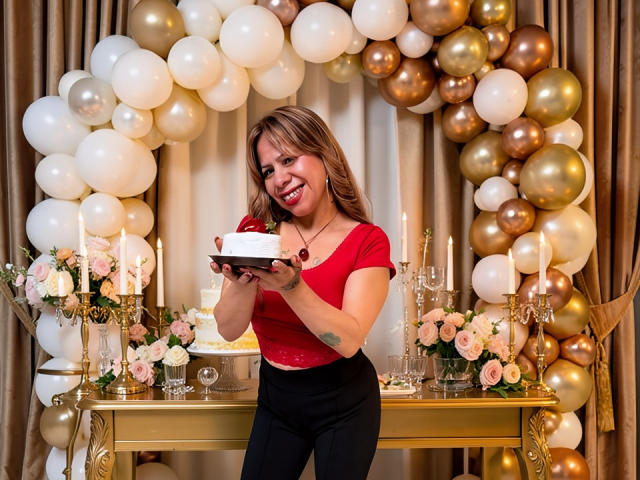 Sofia Del Rios mit mittelgroßer Brust, rotem Oberteil, schwarzer Hose, hält eine weiße Torte, lächelt, goldene und weiße Luftballons, Kerzen, Blumen und ein goldener Tisch, braunes Haar, roter Lippenstift, auf dem Foto..
