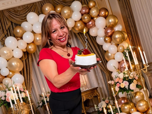 Sofia Del Rios, com seios médios e cabelo castanho, sorri enquanto segura um bolo com uma vela, em um quarto com balões dourados e brancos e velas..