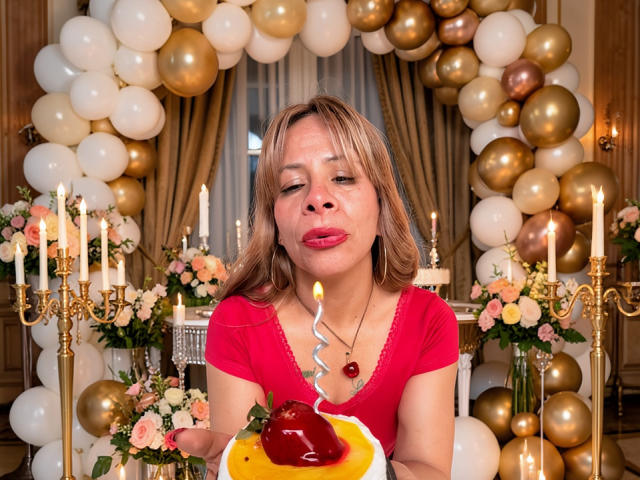 Sofia Del Rios mit vollen, roten Lippen, die eine einzelne Kerze auf einem gelb-roten Dessert ausbläst, trägt ein rotes Hemd und ist von goldenen und weißen Ballons umgeben..