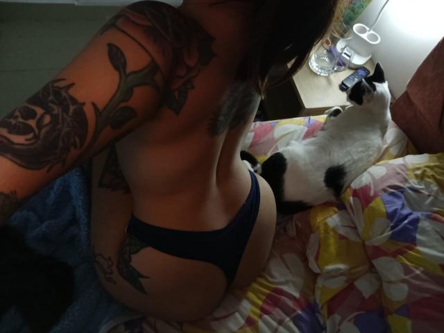Isabella Palacio, naakt bovenlichaam met tatoeages, draagt marineblauwe onderbroek, haar billen zijn naar de camera gericht, ze zit op een bed met een zwart-witte kat naast haar, een kleurrijke sprei, een donkere kamer..