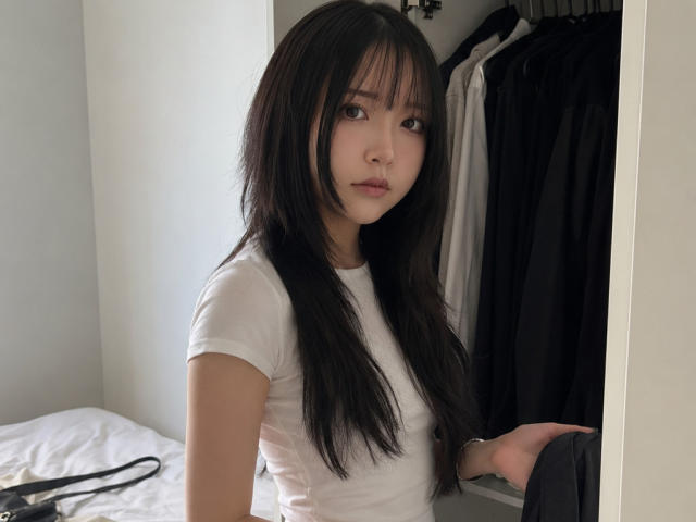 Annetta Hatchcock, avec de longs cheveux noirs, portant un t-shirt blanc, debout dans un placard, regardant la caméra, tenant un vêtement noir, avec une expression neutre..