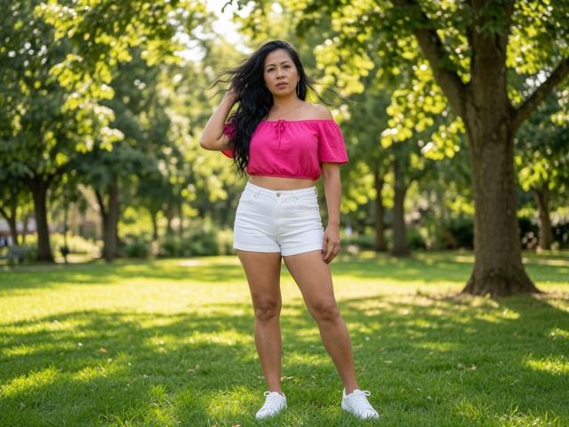 MaryaneRivas, con lunghi capelli neri, una maglietta rosa a spalle scoperte, pantaloncini bianchi e scarpe da ginnastica bianche, in piedi in un parco erboso, con una mano tra i capelli, sguardo serio, giornata di sole, alberi verdi..