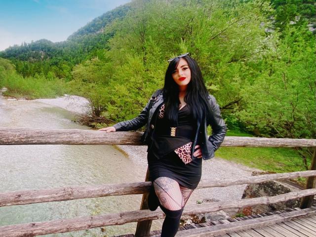 GinaLisa-belle, avec de longs cheveux noirs, du rouge à lèvres, une veste en cuir noir, une robe noire, un sac à main à motifs léopard, des bas résille, appuyée contre une clôture en bois au bord d'une rivière, avec un arrière-plan de forêt verte..