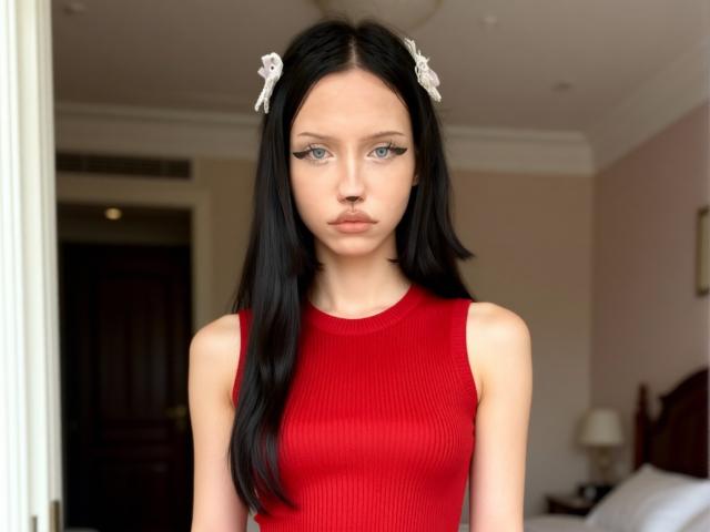 CherelleGess ha lunghi capelli neri con fiori bianchi, indossa una canotta rossa a coste, che mette in mostra piccoli seni, e ha un'espressione seria, mentre è in piedi in una camera da letto..