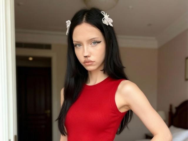 CherelleGess, avec ses longs cheveux noirs, son débardeur rouge à rayures, ses pinces à cheveux blanches et son eye-liner ailé, se tient dans une pièce, l'air sérieux, avec un visage mince, mignon et pâle..