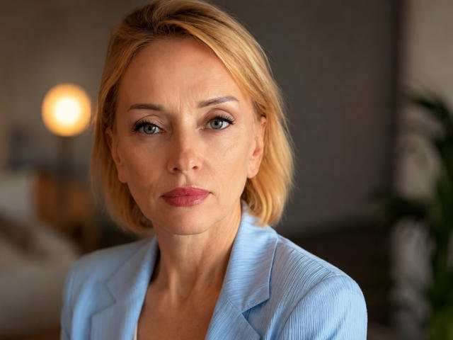 Amanda Wesson, met blond haar, blauwe ogen en lichte make-up, draagt een lichtblauwe blouse en heeft een serieuze uitdrukking, met licht open lippen, op een zacht verlichte, onscherpe achtergrond..