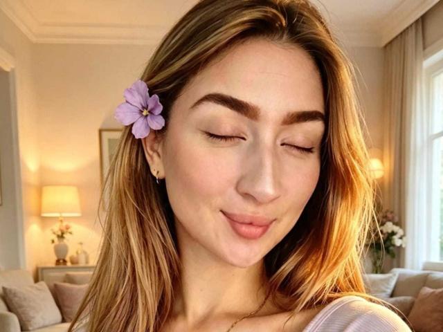 Abby, com os olhos fechados, lábios curvados e uma flor roxa no cabelo loiro, vestindo uma blusa branca. Ela tem pele clara, maquiagem discreta e pequenos brincos..