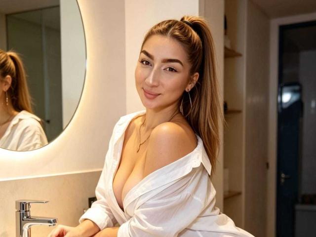 Abby, een vrouw met een lange, bruine paardenstaart, glimlachend, draagt een witte blouse met een open schouder, waardoor haar grote borsten zichtbaar zijn. Ze staat bij een wastafel, draagt grote, ronde oorbellen en heeft subtiele make-up. De binnenverlichting is warm..
