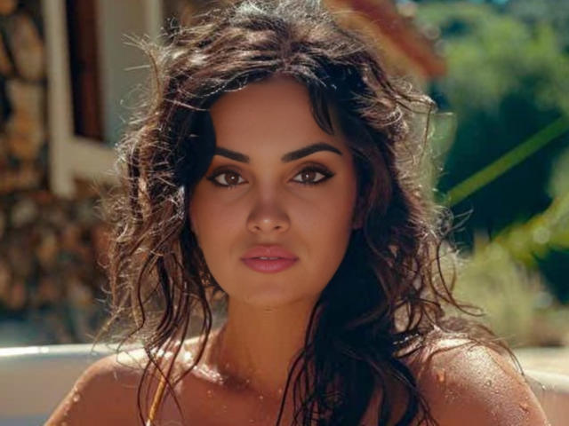BellaBabeXx a les cheveux longs, bouclés et d'un brun foncé, des yeux marron et des lèvres roses, et elle regarde directement l'appareil photo avec une expression neutre. Ses épaules nues sont légèrement visibles..