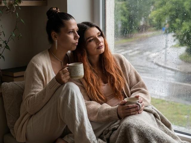WillodeanLimes with brown hair and WillodeanLimes with dark hair sit by window, both in cozy beige sweaters, holding white mugs, rain outside, dark hair in bun, red hair loose.