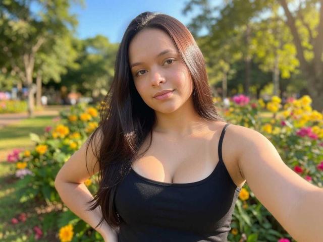 UrsulaX with long dark hair, black tank top, showing her boobs, standing in a sunny park, looking at the camera, hands on hips, flowers and trees in the background.