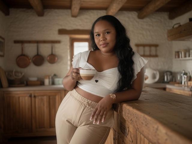 Marsha Houston, com pele escura, cabelos longos e pretos, vestindo uma blusa cropped branca, calças bege, segurando uma xícara, apoiada em um balcão de madeira, sorrindo, usando um relógio de ouro..