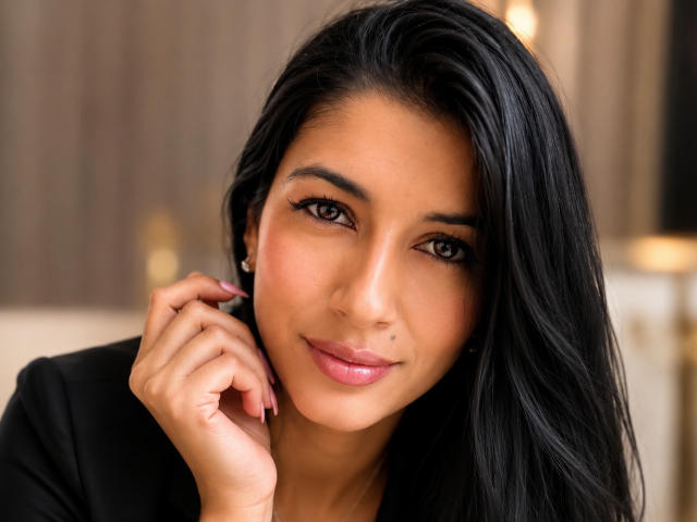 JasminKooper with dark, wavy hair, brown eyes, and pink lips, wearing a black top, touching her cheek with a hand, smiling softly. Her ass is not visible.